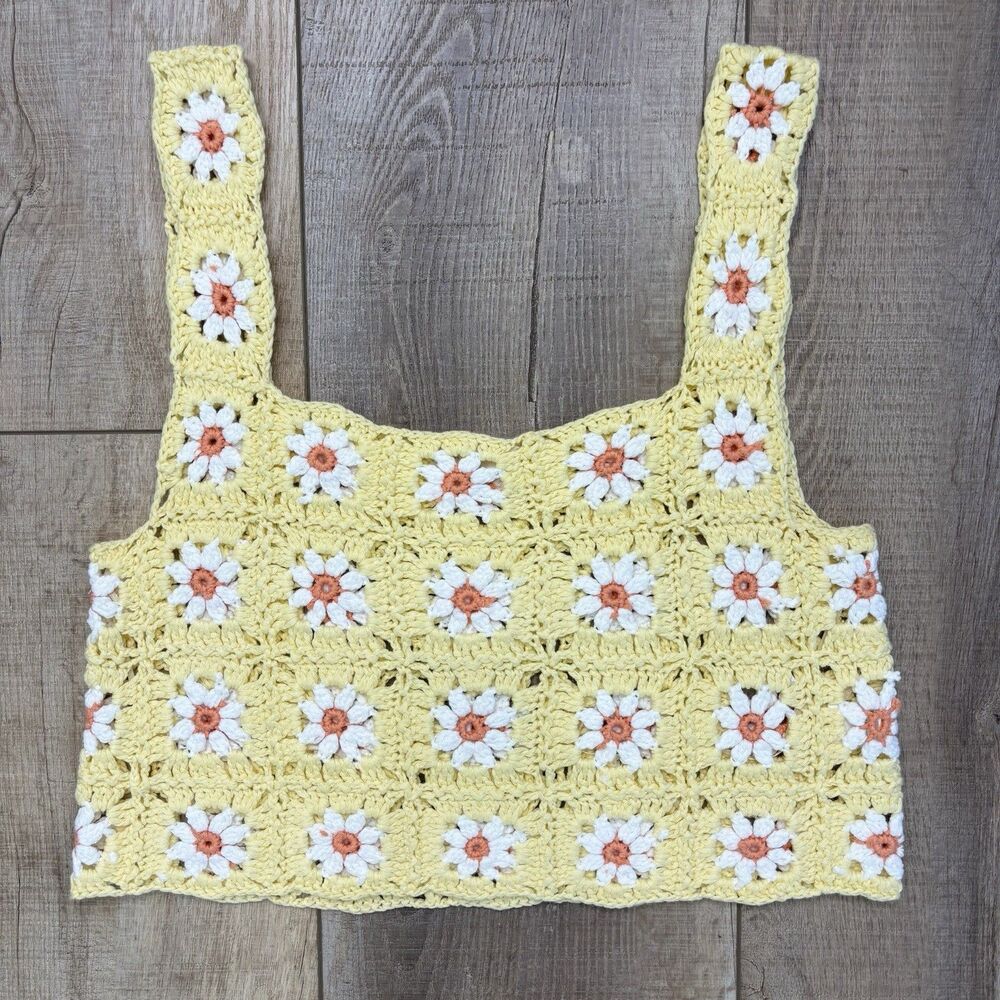 Altar'd State Yellow Daisy Crochet Granny Square Crop Top Large Festival Boho
